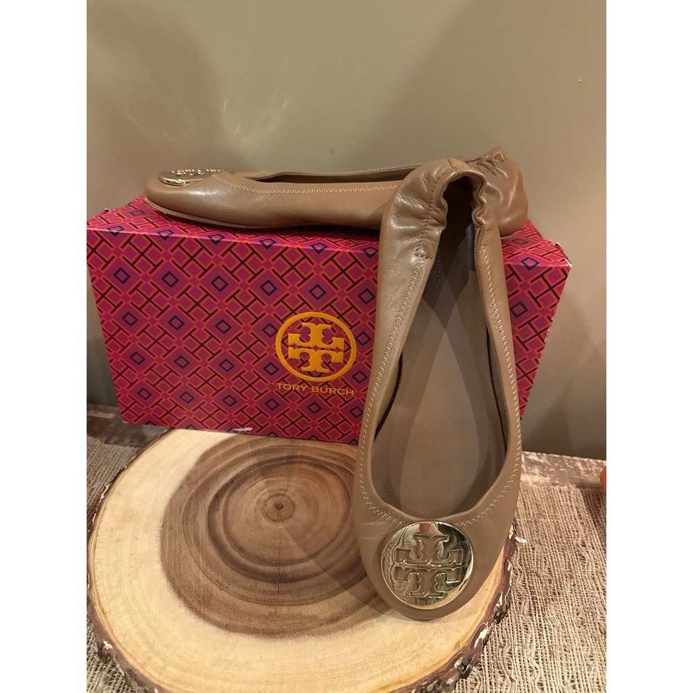 Tory Burch Reva Travel Ballet Gold Logo Pebble Leather Luggage Brown Sz-9